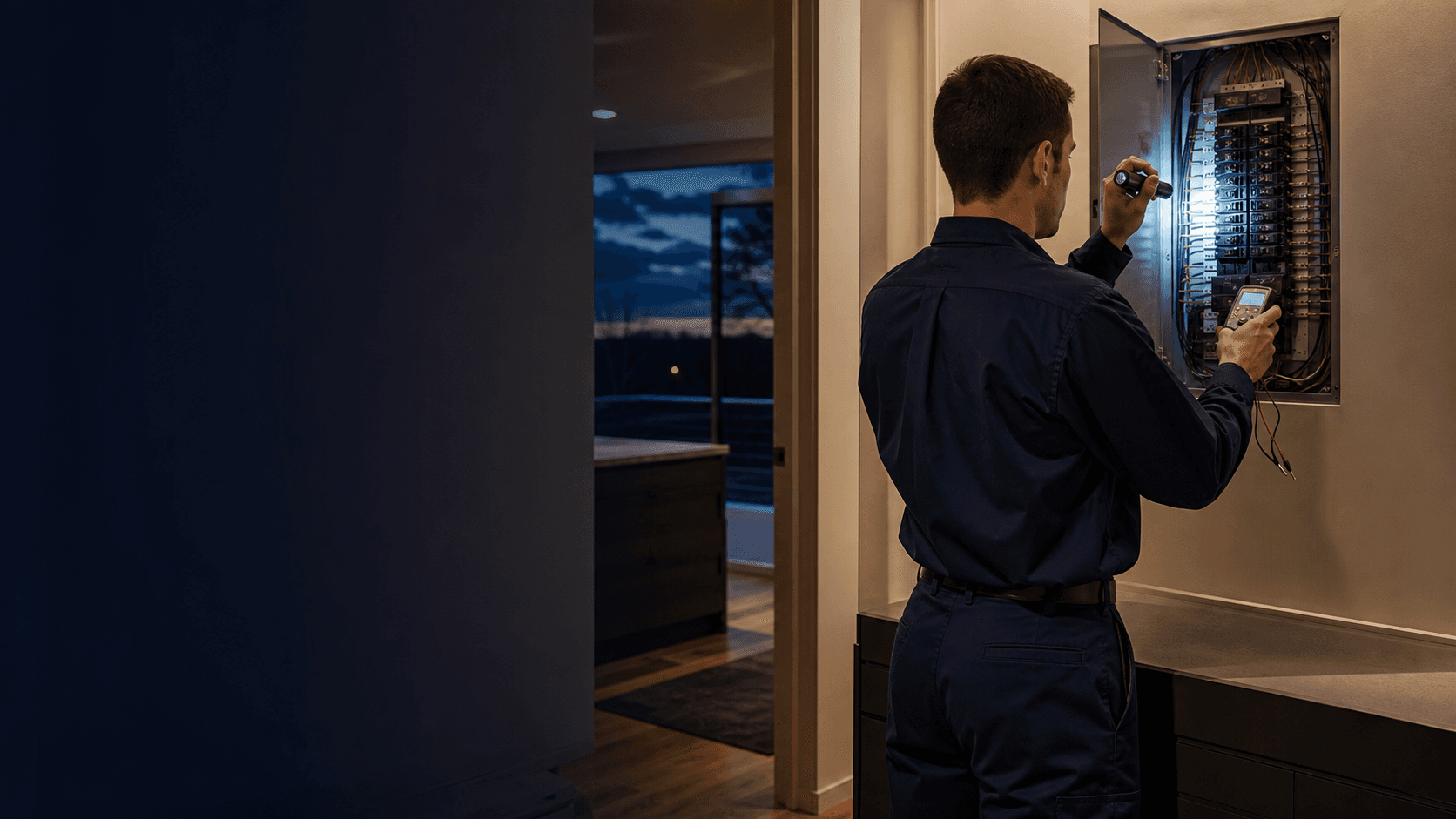An electrician working carefully inside a residential electrical panel.